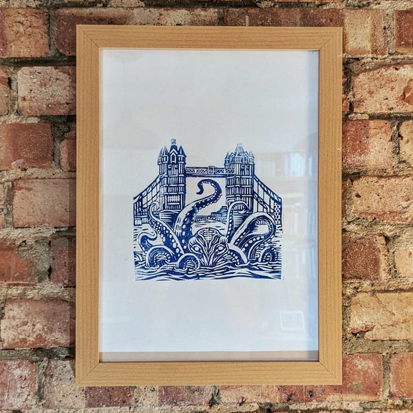 Kraken at Tower Bridge Linocut Print: Limited Edition London Art