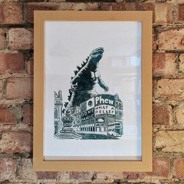 Godzilla Linocut Print: Piccadilly Circus, London Monster Artwork