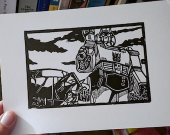 Linoryt z filmu Transformers | Sztuka Transformers z 1986 r. | Ręcznie drukowane dzieła filmowe | Grafika ścienna z robotami