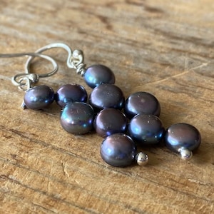 Peacock Button Pearl Earrings, Purple Grape Earrings, Button Pearls, Purple Pearls, Sterling Silver Ear Wires