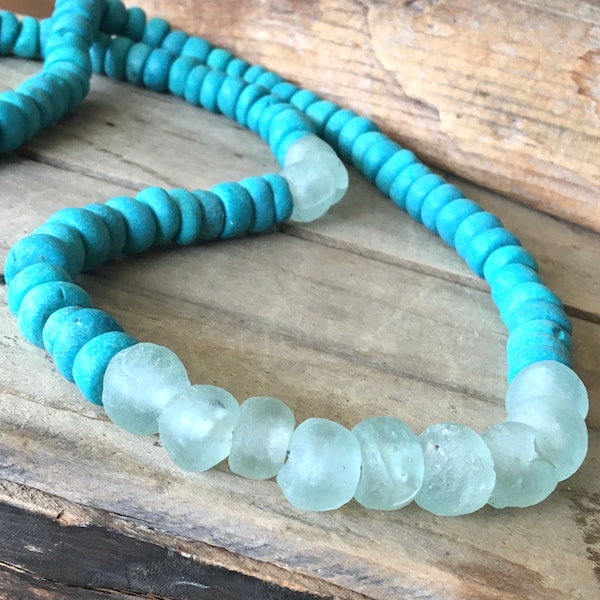 Long Aqua Blue Long Necklace, Handmade African Frosted Glass, Clay Necklace