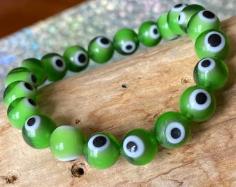 Evil Eye Bracelet, Grass Green Evil Eye Bracelet, Great Christmas Bracelet Gift, Green Black White Bracelet