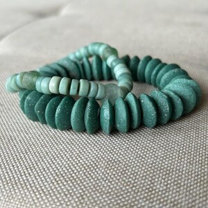 Set of Two Aqua Glass Bracelets, Green Java Glass Rondelles, Ashanti Glass Beads From Ghana, Subdued Monochromatic Colors