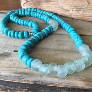 Long Aqua Blue Long Necklace, Handmade African Frosted Glass, Clay Necklace