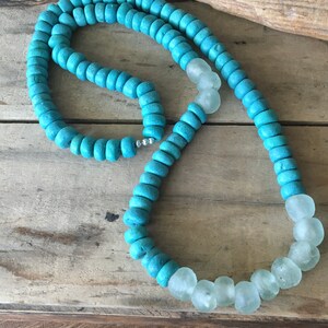 Long Aqua Blue Long Necklace, Handmade African Frosted Glass, Clay Necklace