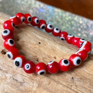 Evil Eye Bracelet, Bright Cherry Red Evil Eye Bracelet, Great Christmas Bracelet Gift, Black White and Red All Over Bracelet