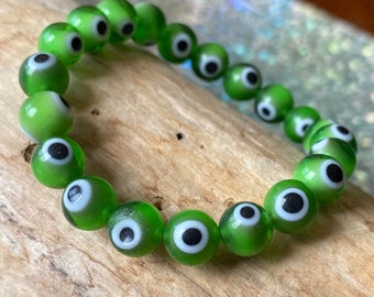 Evil Eye Bracelet, Grass Green Evil Eye Bracelet, Great Christmas Bracelet Gift, Green Black White Bracelet