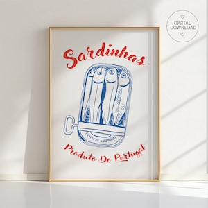 Sardines Poster – Portuguese Sardines Wall Art – Retro Kitchen Decor – Blue Fish Tin Illustration – Product of Portugal