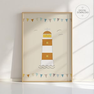 Lighthouse Nursery Poster – Nautical Kids Wall Art with Bunting – Coastal Nursery Decor – Ocean Theme Print – Baby Room Lighthouse