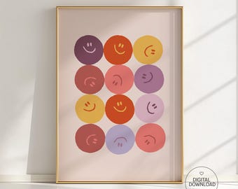 Póster de carita sonriente, lámina artística retro del año 2000, arte de pared con carita feliz, decoración de pared para habitación infantil con emojis, dibujo infantil divertido