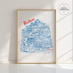 Blue Positano Sketch Poster – Amalfi Coast Wall Art Print, Italy Travel Illustration, Coastal Line Drawing Decor - All Colors Available