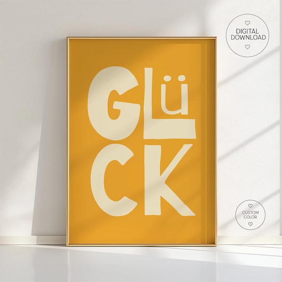 Glück Poster Gelb | Typografie Wanddeko | Zuhause Familie Poster | Positives Wandbild | Wandkunst Motivation Energie | glücklich Bild