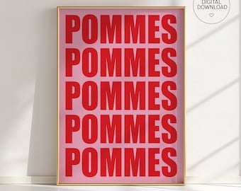 Plakat z frytkami do kuchni – typografia ścienna w kolorze czerwonym i różowym – zabawna dekoracja jedzenia, wydruk pop-art, prezent dla miłośników frytek, dekoracja dopaminowa