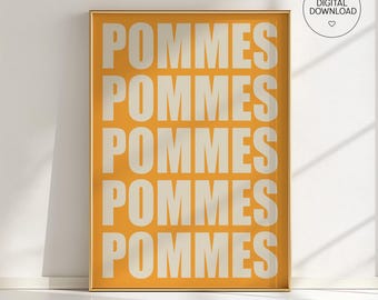 Plakat z żółtymi frytkami – typograficzna sztuka ścienna do kuchni – zabawna dekoracja jedzenia – wydruk w stylu pop-art – prezent dla smakoszy