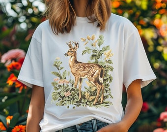 Camiseta unissex de cervos de cauda branca, camiseta de cervos Cottagecore, camisa de cervos vintage, camiseta de cervos, presente para amantes de cervos, camiseta gráfica de cervos retrô