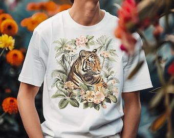 Vintage Tiger and Florals Unisex TShirt, Cottagecore Tiger Tee, retro Tiger tee, Gift for Tiger Lovers, Tiger art tshirt