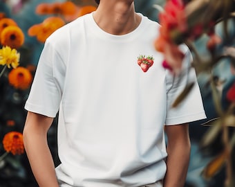 Cute Strawberry Tshirt, Fruit Shirt, Gift for Girlfriend, heart shaped strawberries tee, cute small strawberry logo tshirt, Summer T-Shirt