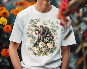Bear Unisex TShirt, Cottagecore bear Tee, Vintage bear shirt, grizzly tshirt, Gift for bear Lovers, Bear and flowers Tee, Bear graphic tee