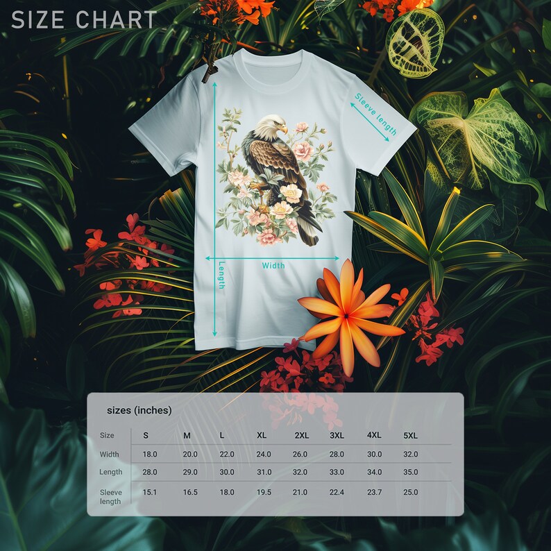 May include: Size chart for a t-shirt with a graphic of a bald eagle perched on a branch with pink flowers. The chart shows measurements in inches for width, length, and sleeve length for sizes S through 5XL.