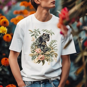 Schwarzer Panther TShirt, Cottagecore schwarzer Panther T-Shirt, Retro Unisex T-Shirt, Vintage schwarzer Panther und Blumen Tshirt, Geschenk für Panther-Liebhaber