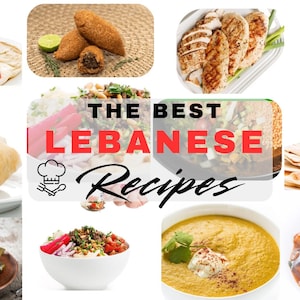 Può includere: Un collage di immagini che mostrano vari piatti libanesi, tra cui falafel, hummus, pollo shawarma, zuppa di lenticchie e foglie di vite ripiene. Il testo "THE BEST LEBANESE RECIPES" è visualizzato in lettere rosse.