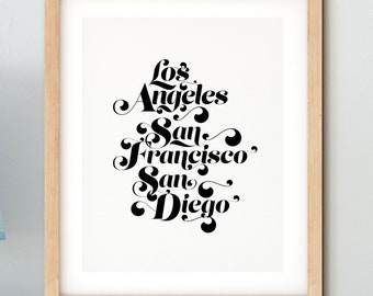 Los Angeles, San Francisco, San Diego, Califonia, PRINTABLE art, Minimalist decor, Modern art, Large wall art, Poster