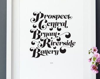 NYC Parks Poster, Black and White Typography Art (Digital Download)