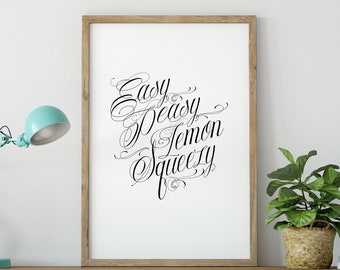 May include: A framed print with the text "Easy Peasy Lemon Squeezy" in a decorative script font. The print is hanging on a white wall above a white dresser with three drawers and two doors. A blue lamp is on the dresser to the left of the print. There are two potted plants on the dresser, one on each side of the print.