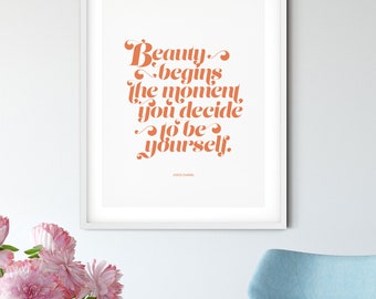 Coco Chanel, Beauty Begins, PRINTABLE poster, Minimalist decor, Modern art, Digital Download