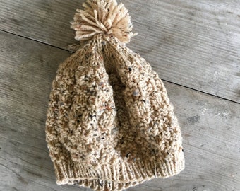 Knit Hat Slouchy Hand Knit Beanie - Warm Oatmeal with Pom Pom