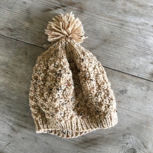 Knit Hat Slouchy Hand Knit Beanie - Warm Oatmeal with Pom Pom