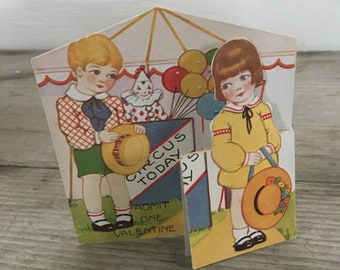 Vintage 1920s era Valentine Card Fold Out Stand Up Style Circus Theme