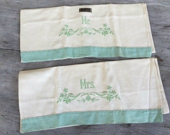 Antique Embroidered  Mr. & Mrs. Linen Hand Towel - New Old Stock with Original Tag
