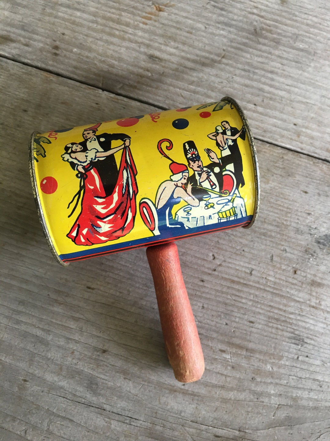Tin Rattle Antique Litho Noise Maker Metal Tin Can Mallet Rattle W/ Wooden Handle ...