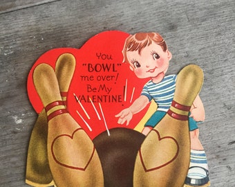 Vintage 1950s Valentine Card Greeting Card with Adorable Little Boy Bowling Ball and Pins by A-Meri-Card Hearts (4056-W)