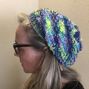 Knit Hat Slouchy Hand Knit Beanie - Kaleidoscope of Blues & Greens
