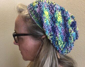 Knit Hat Slouchy Hand Knit Beanie - Kaleidoscope of Blues & Greens