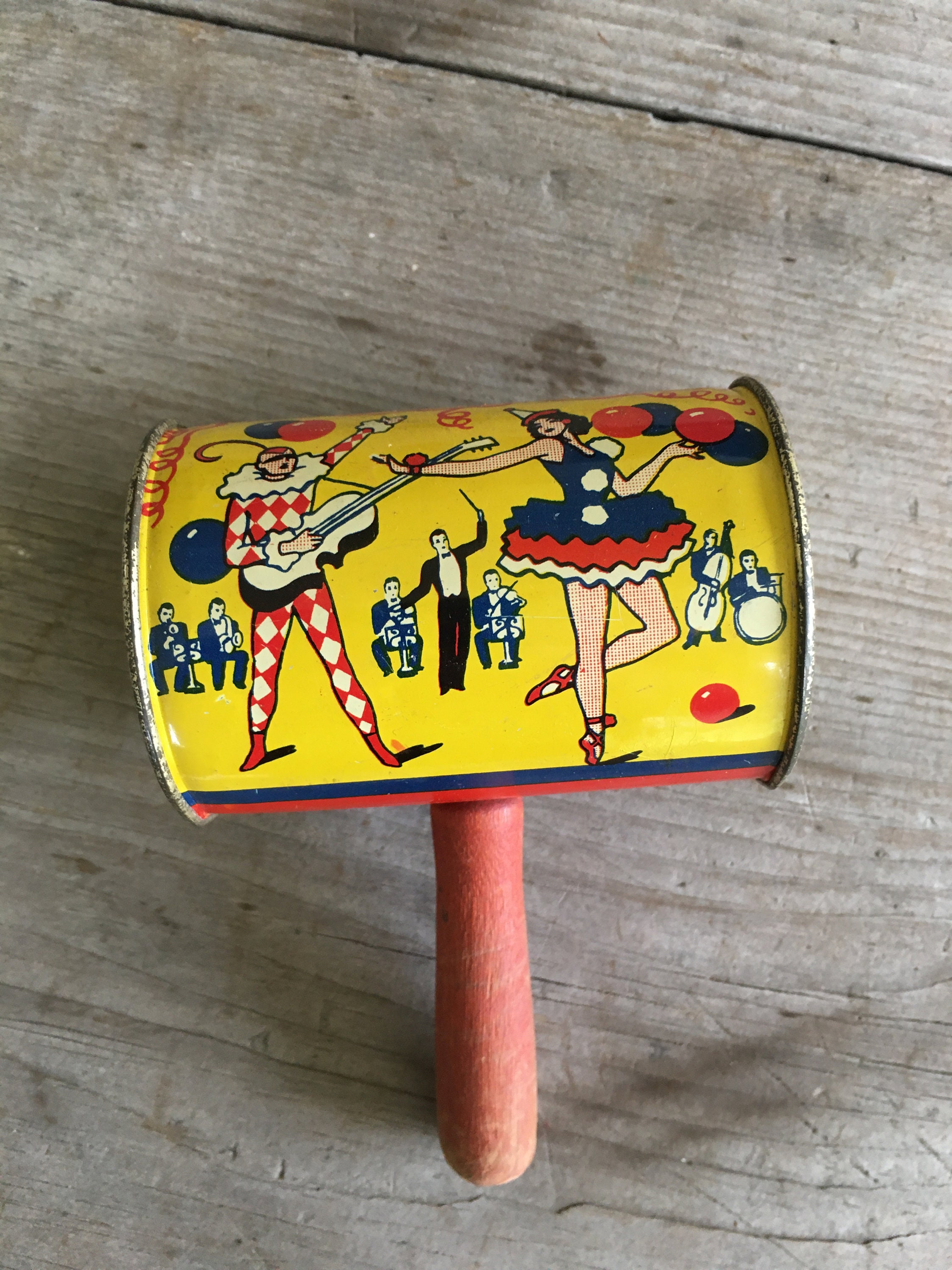 Tin Rattle Antique Litho Noise Maker Metal Tin Can Mallet Rattle W/ Wooden Handle ...