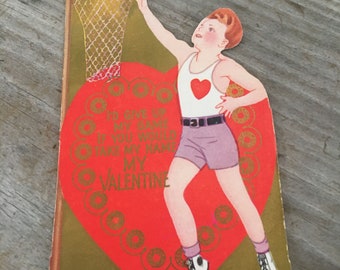 Vintage 1940s era Valentine Card Basketball Sports Themed