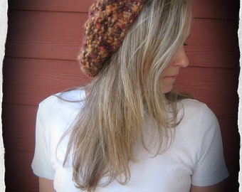 Knit Hat Hand Knit Beret Style - Brown, Peach & Maroon