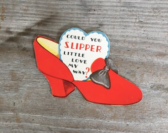 Vintage 1940s era Fancy Slipper Shoe Valentine Card Fashion Valentine