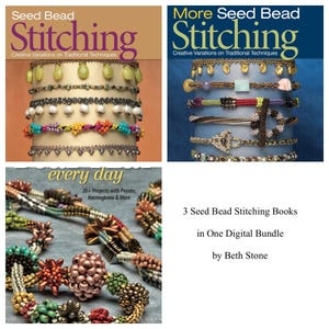 May include: Three books on seed bead stitching are shown, displaying different beadwork techniques. The covers feature colourful beaded jewellery and the titles "Seed Bead Stitching" and "every day". The bundle is offered digitally by Beth Stone.