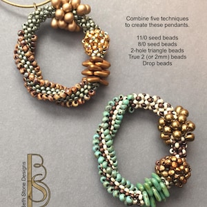 May include: Two beaded pendants, one in gold and brown tones and the other in turquoise, white, and brown tones. Both pendants are made with seed beads, triangle beads, and drop beads. The text "Combine five techniques to create these pendants." is written above the pendants. The text "11/0 seed beads, 8/0 seed beads, 2-hole triangle beads, True 2 (or 2mm) beads, Drop beads" is written below the pendants.