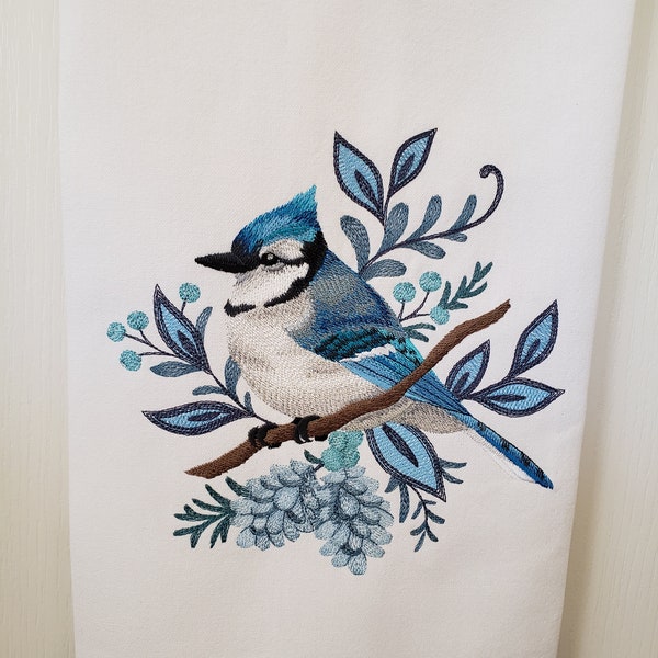 Winter Blue Jay Embroidered Tea Towel, Machine Embroidered Kitchen Towel, Gift Under Twenty