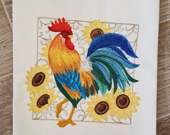 Rooster and Sunflower Embroidered Tea Towel, Machine Embroidered Kitchen Towel