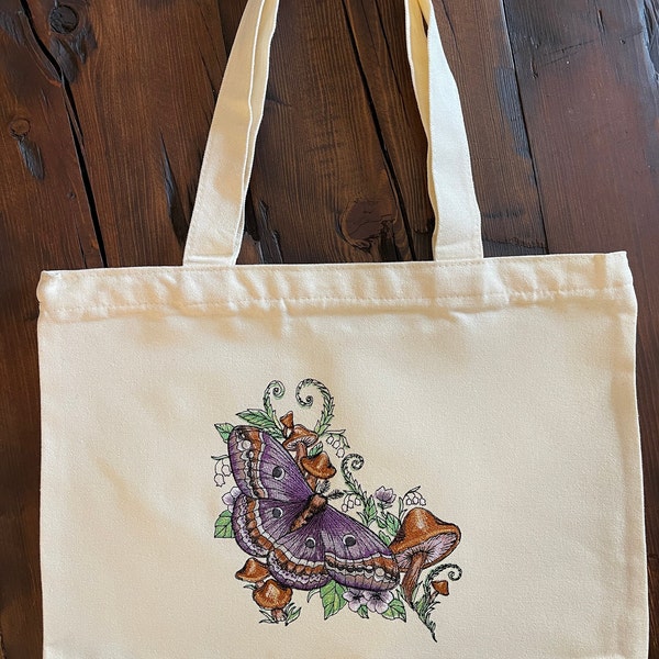 Moth Bag, Woodland Garden Moth,  Tote, Reusable Bag, Zippered Tote, Embroidered Bag, Embroidery, Canvas Bag, Purse, Shopping Bag, mushroom,