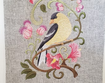 Goldfinch in Flowers, Embroidered Tea Towel, Machine Embroidered Kitchen Towel, Powder Room