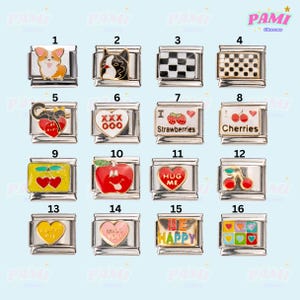 May include: Collection of sixteen silver-toned charm links with various designs. Includes a corgi, a dog, checkerboard patterns, hearts, strawberries, cherries, apples, and text like "HUG ME" and "BE HAPPY".