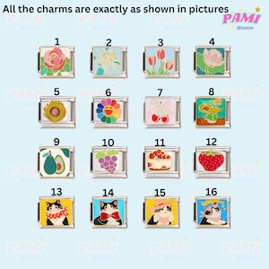 Op de afbeelding: Een verzameling van zestien decoratieve bedels met diverse ontwerpen, waaronder bloemen, fruit en katten. Elke bedel is vierkant met een zilveren rand en kleurrijke emaille details. De tekst "All the charms are exactly as shown in pictures" staat bovenaan.