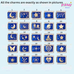 Peut inclure: Une collection de 25 breloques bleues et dorées avec divers motifs célestes et symboliques. Chaque breloque présente un design différent, notamment des lunes, des étoiles, des soleils et des cœurs. Le texte "All the charms are exactly as shown in pictures" est visible.